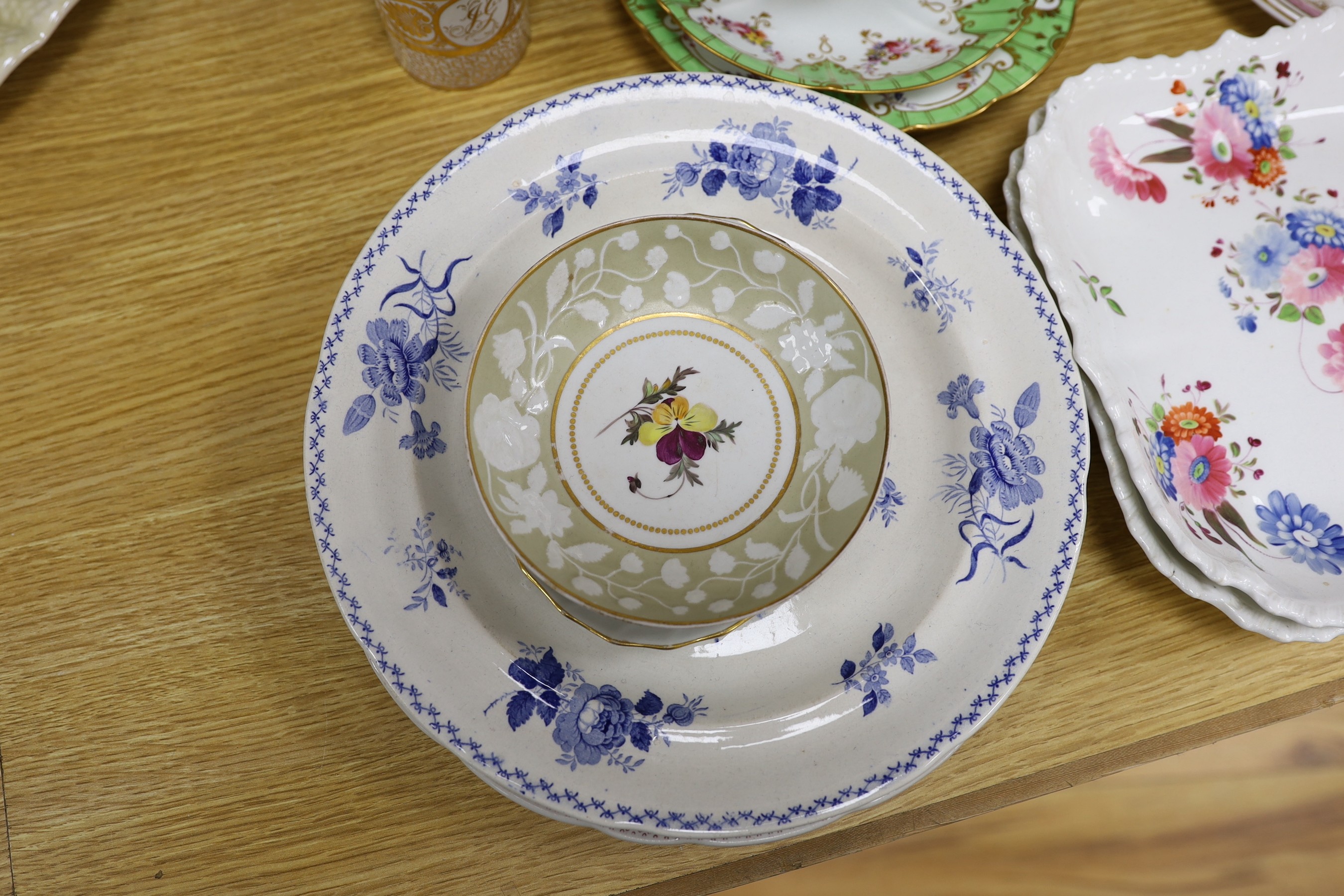 A Worcester Canonball-pattern blue and white saucer, and other 18th and 19th century tableware